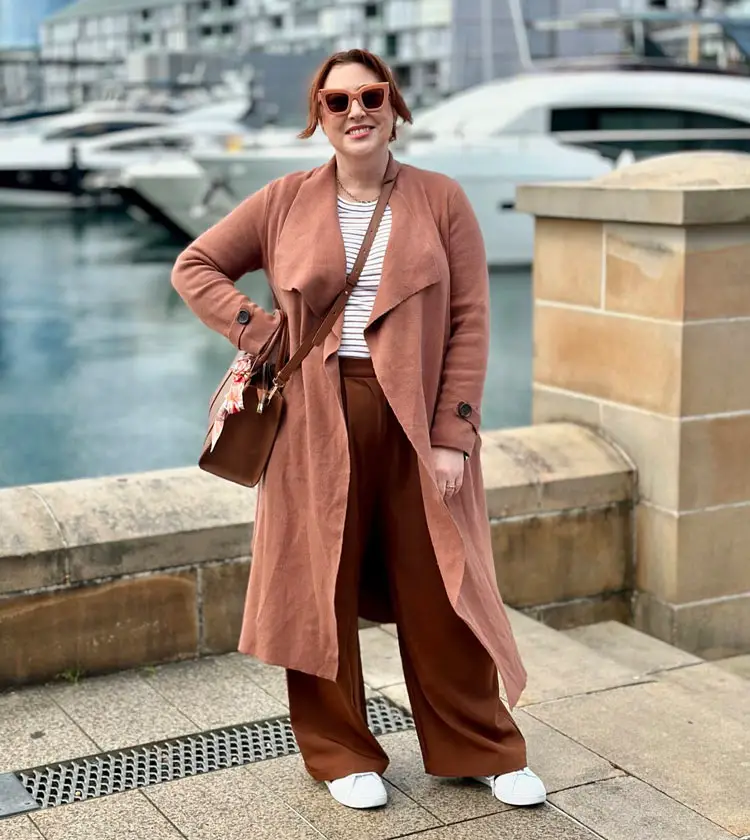 Rust Draped Coat with Striped Top and Linen Pants Rust Draped Coat with Striped Top and Linen Pants — Brown Coat Outfits