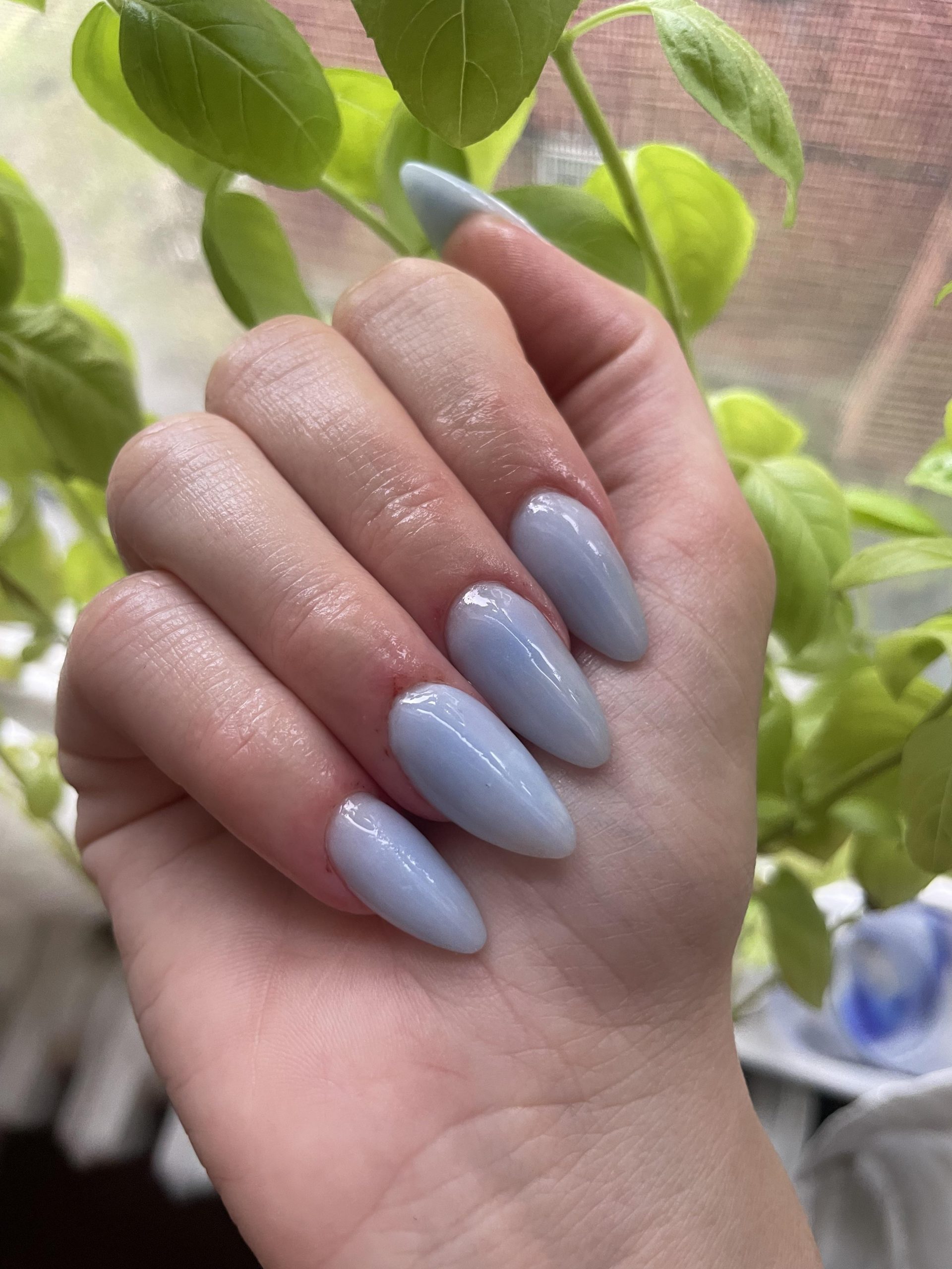 Long Almond Pale Blue Jelly Shimmer — January Nails