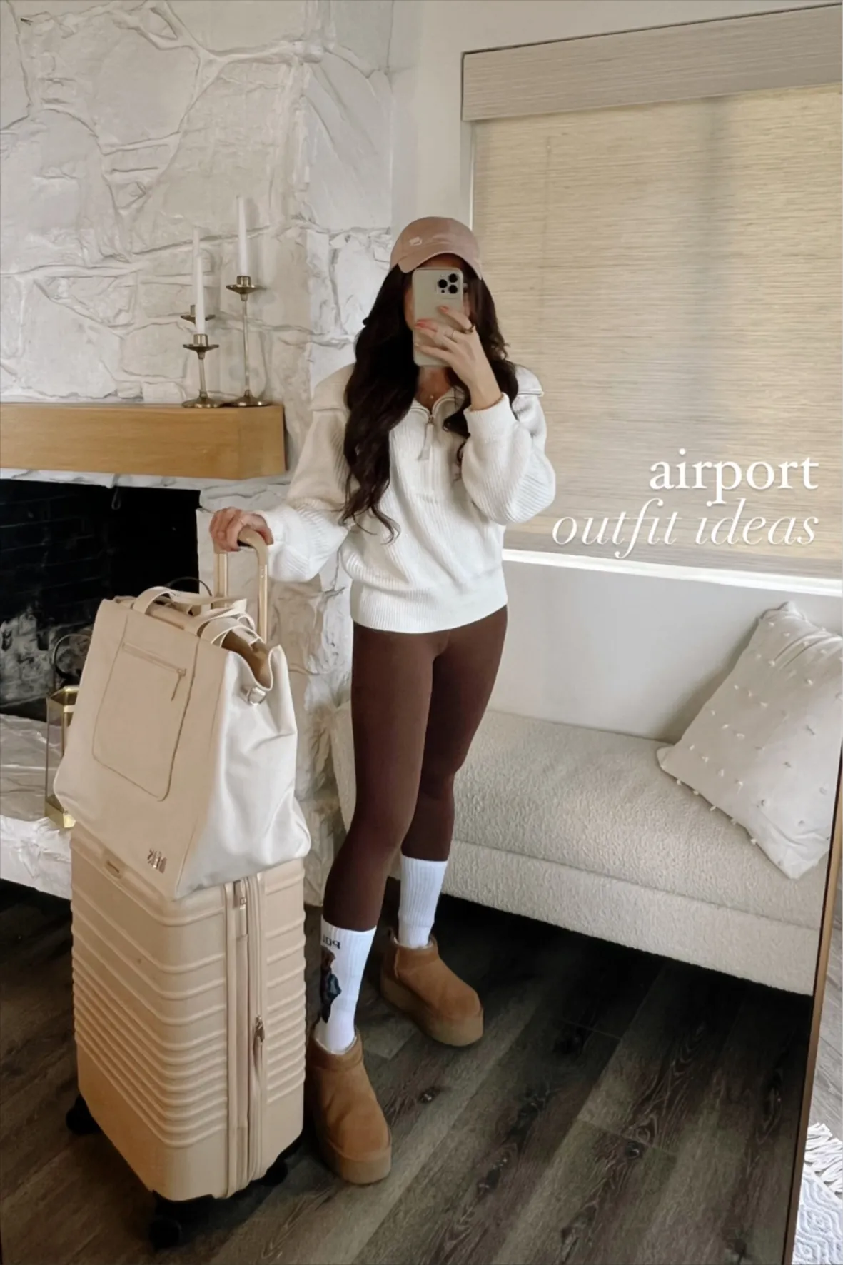 White Quarter-Zip Sweatshirt with Leggings and Platform Clogs White Quarter-Zip Sweatshirt with Leggings and Platform Clogs — Winter Airport Outfits