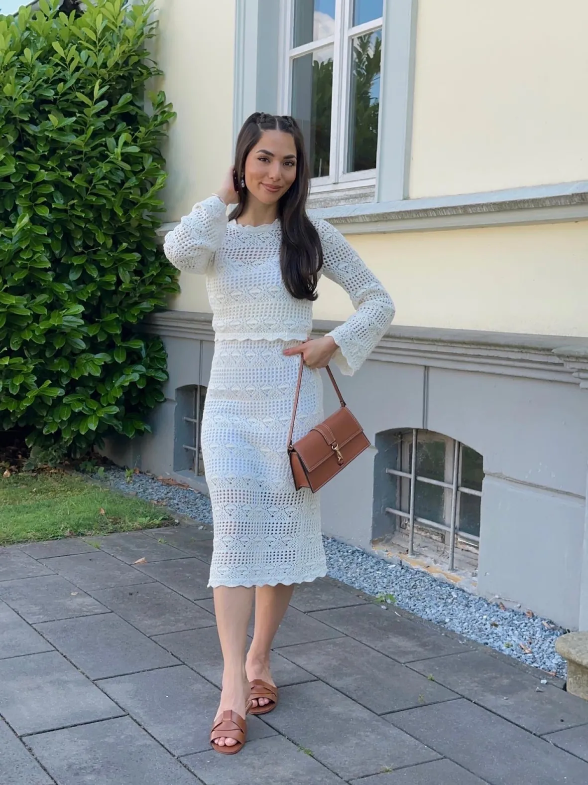 White Crochet Knit Set with Midi Pencil Skirt White Crochet Knit Set with Midi Pencil Skirt — Knit Set Outfits