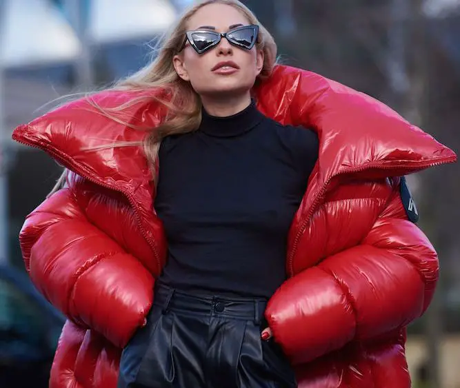 Voluminous Red Puffer Coat with Leather Trousers — London Winter Outfits