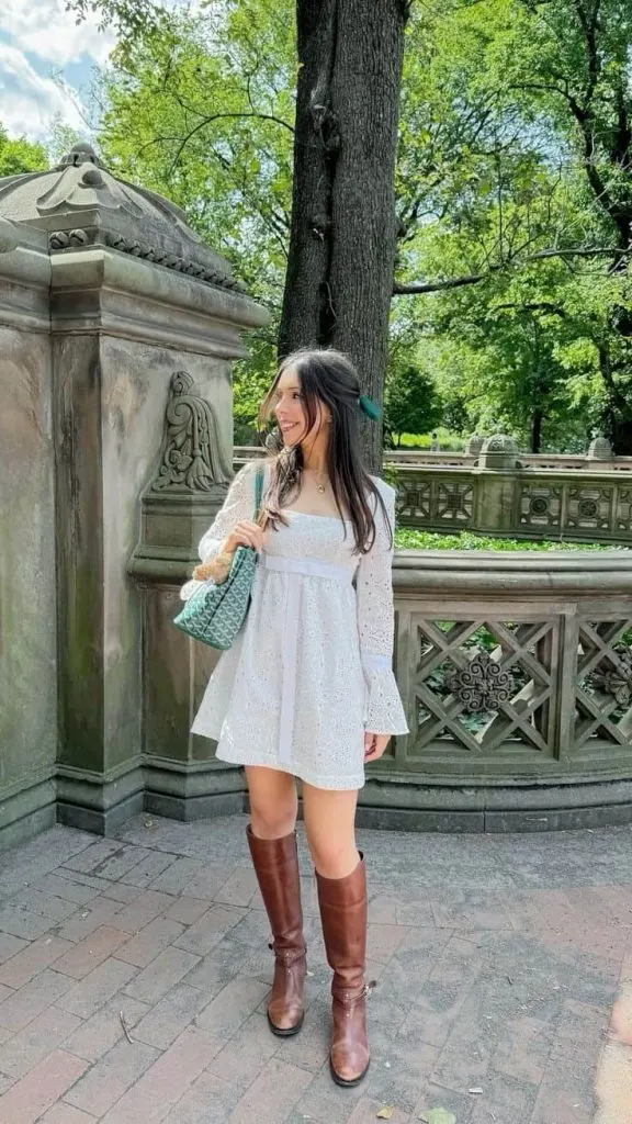 Brown Knee-High Boots with an Eyelet Mini Dress Brown Knee-High Boots with an Eyelet Mini Dress — Riding Boots Outfits