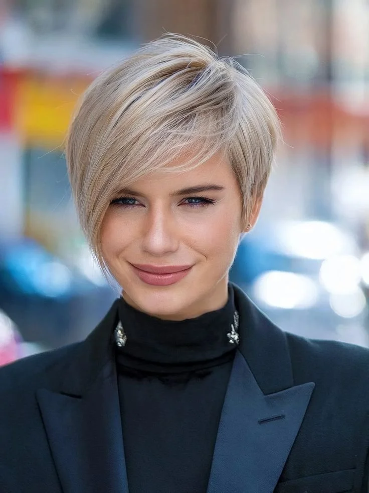 Asymmetrical Platinum Pixie With Bangs — Winter Haircuts for Thin Hair