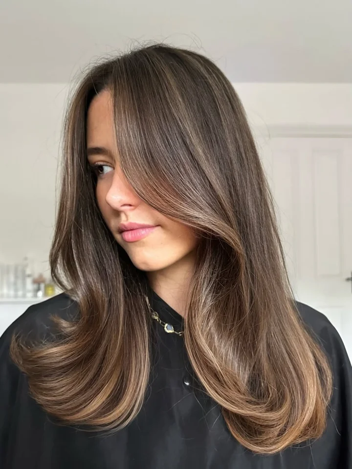 Long Layers Medium Brown With Ash Blonde Highlights — Winter Highlights