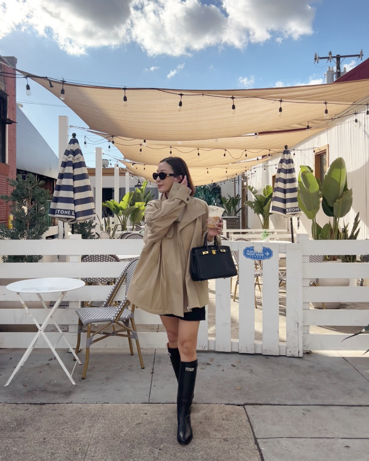 Trench Coat and Mini Dress with Knee-High Boots Trench Coat and Mini Dress with Knee-High Boots — Black Boots Outfits