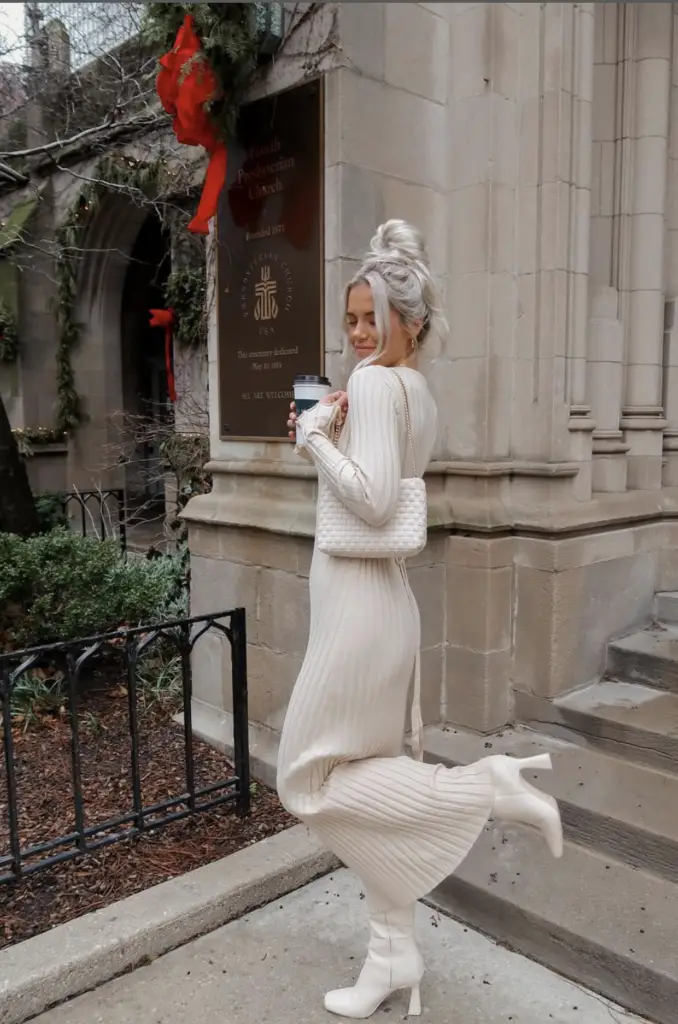 Monochromatic Knit Comfort: Cream Dress and Boots Monochromatic Knit Comfort: Cream Dress and Boots — Chicago Winter Outfits