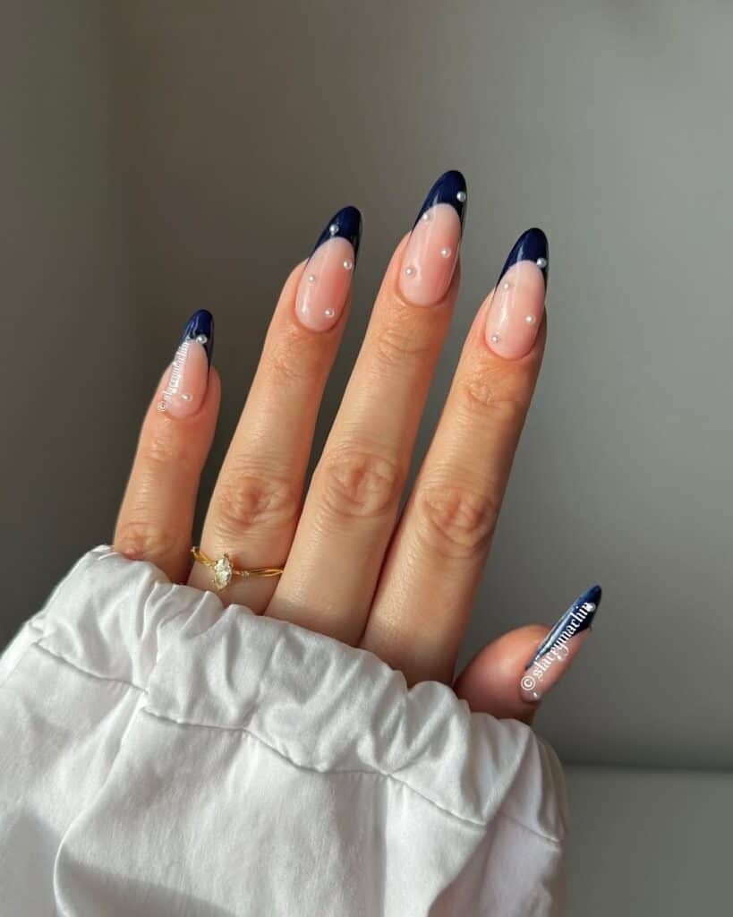 Navy French Tips Small Pearls Visual Idea Navy French Tips Small Pearls Visual Idea — Blue Nail Inspo