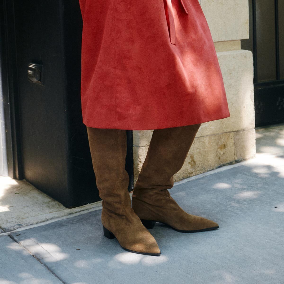 Brown Suede Boots with Red Suede A-Line Skirt Brown Suede Boots with Red Suede A-Line Skirt — Over the Knee Boots Outfits