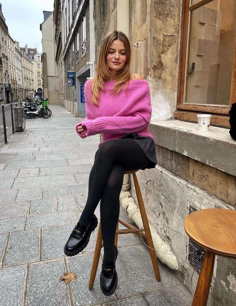 Hot Pink Off-the-Shoulder Sweater with Black Mini Skirt Hot Pink Off-the-Shoulder Sweater with Black Mini Skirt — Winter Party Outfits