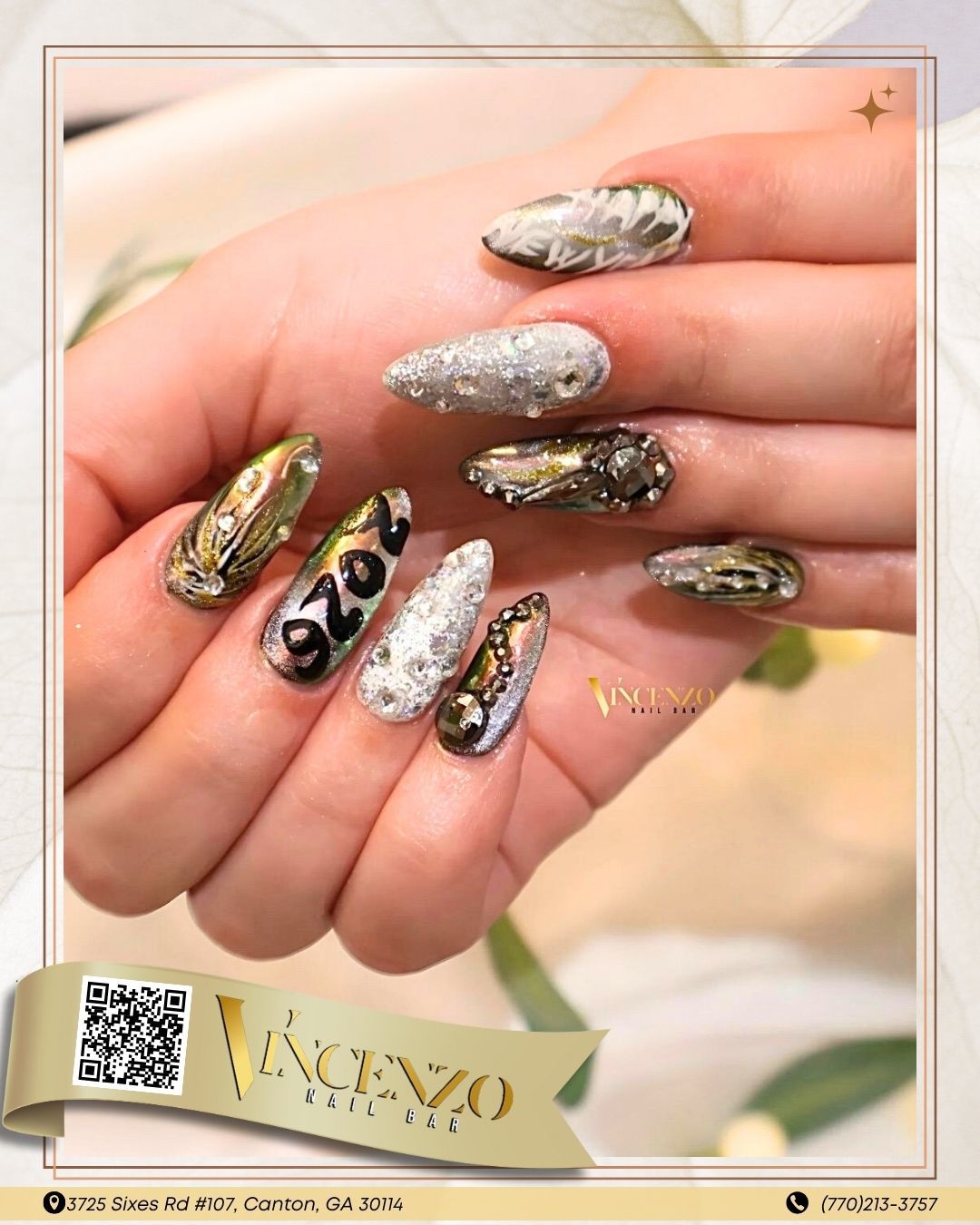 Silver Glitter Abstract Art Nails — Winter Gel Nails