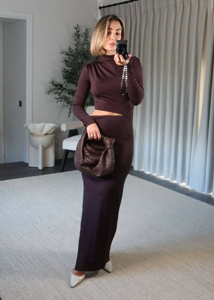 Deep Brown Asymmetrical Knit Set — Chocolate Brown Outfits