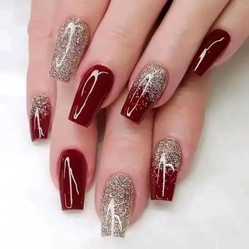 Deep Red Glitter Ombre Nails Deep Red Glitter Ombre Nails — Winter Coffin Nails