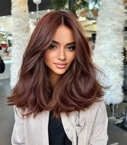 Shoulder Warm Chestnut Brown With Curtain Bangs Shoulder Warm Chestnut Brown With Curtain Bangs — Chestnut Brown Hair