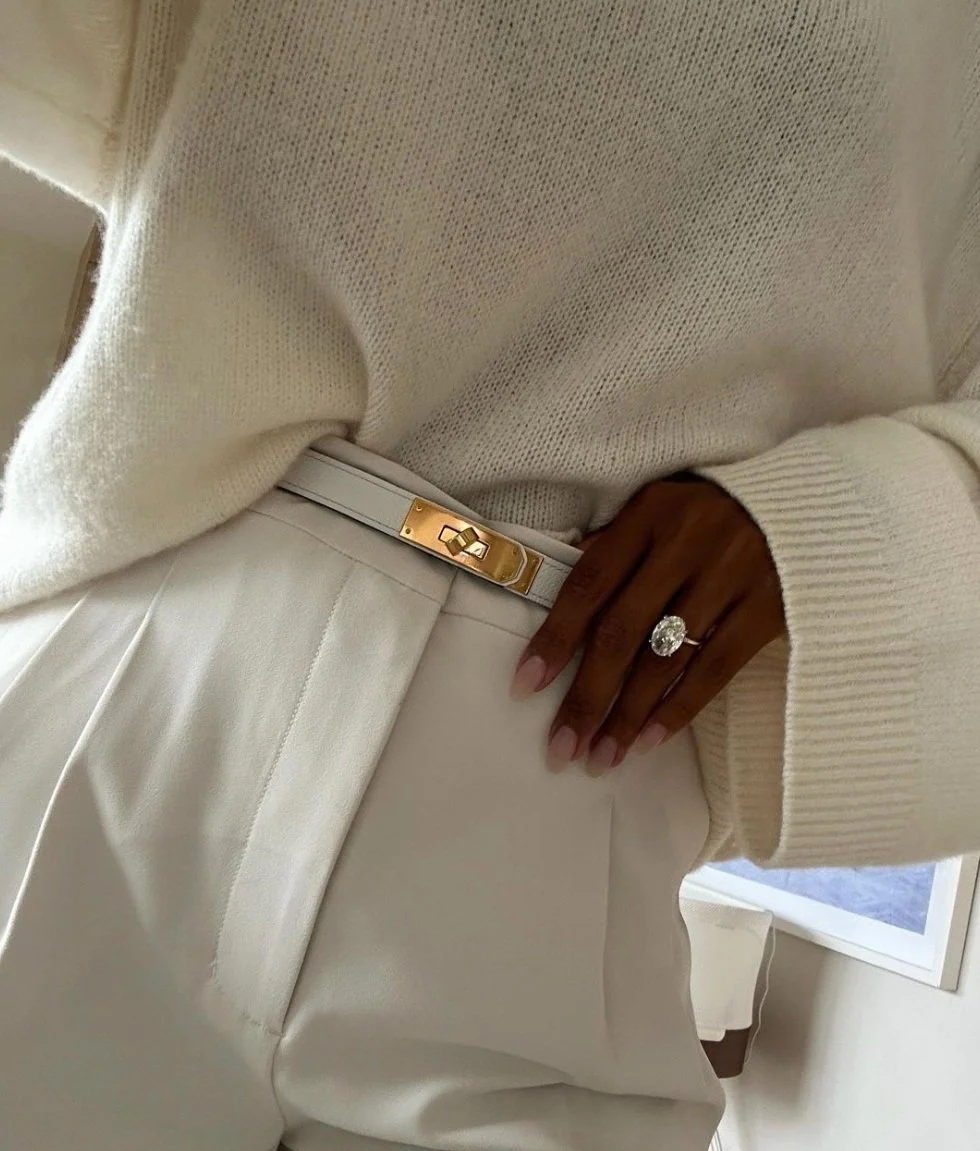 Oversized Cream Knit Sweater with Tailored Trousers and Gold Buckle Belt Oversized Cream Knit Sweater with Tailored Trousers and Gold Buckle Belt — Modest Winter Outfits