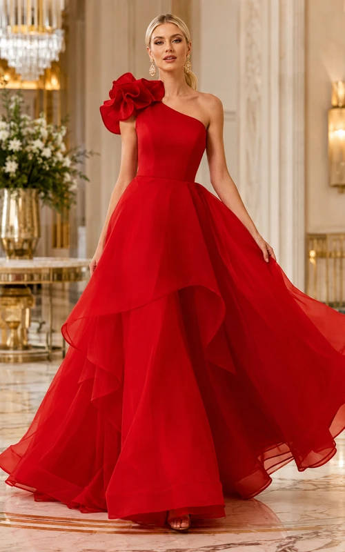 Red One-Shoulder Organza Dress with Floral Accent Red One-Shoulder Organza Dress with Floral Accent — Winter Formal Dresses