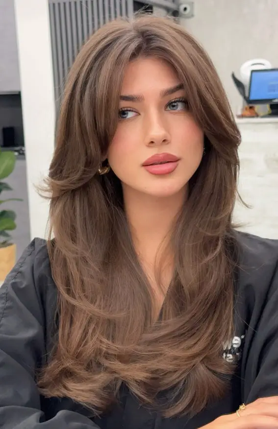 Medium Brown Shag With Curtain Bangs Medium Brown Shag With Curtain Bangs — Low Maintenance Winter Hair Colors