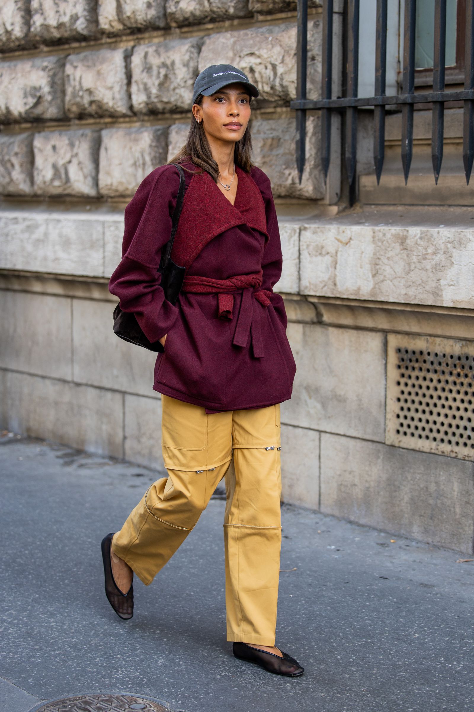 Burgundy Vest and Wrap Top with Yellow Cargo Pants Burgundy Vest and Wrap Top with Yellow Cargo Pants — Winter Layering Outfits