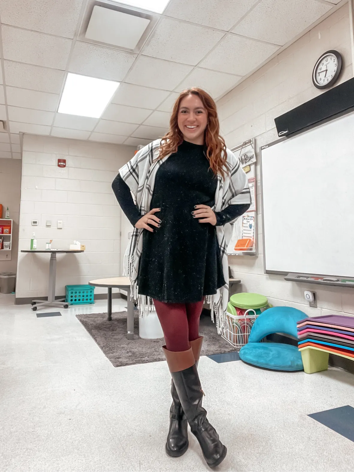 Sparkly Dress with Burgundy Tights and a Patterned Poncho Sparkly Dress with Burgundy Tights and a Patterned Poncho — Winter Teacher Outfits