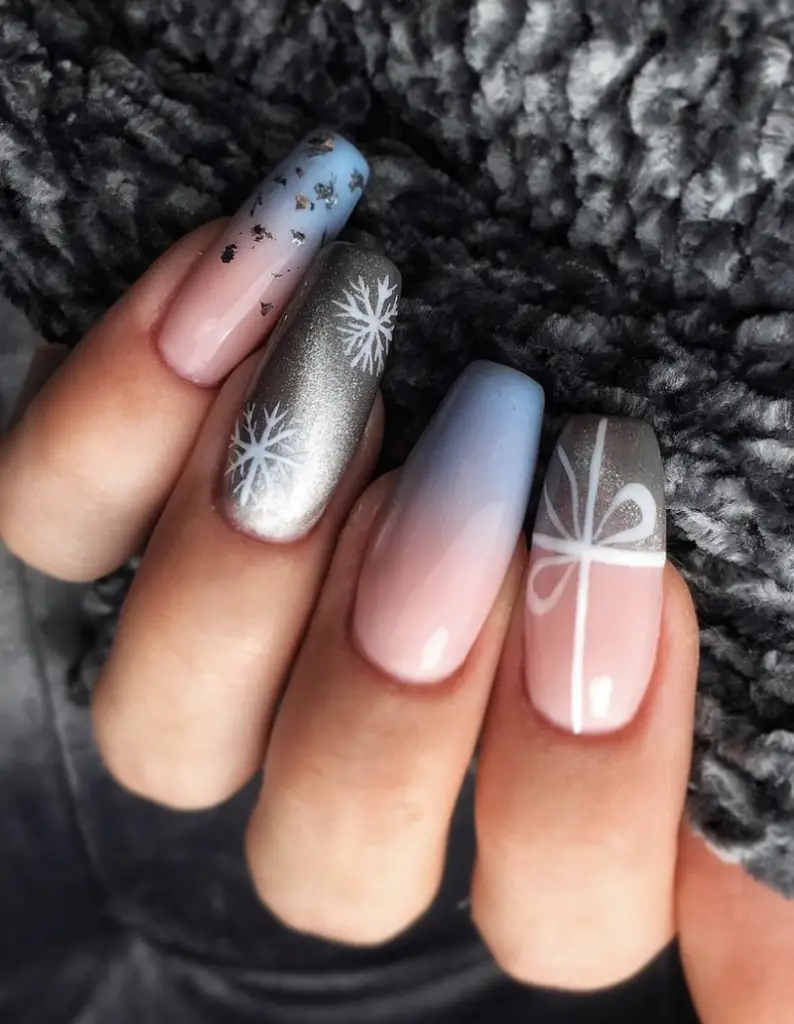 Pink to Blue Ombre with Holiday Accents Pink to Blue Ombre with Holiday Accents — Winter Ombre Nails