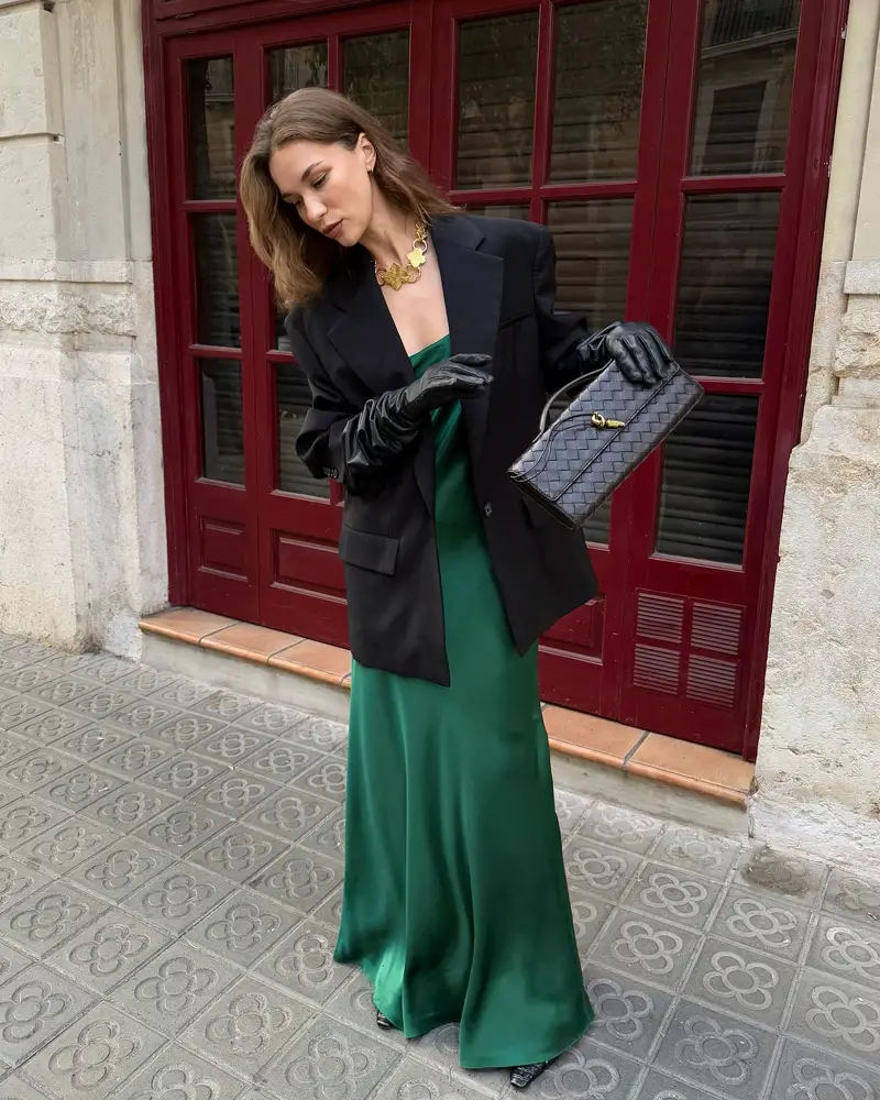 Emerald Satin Slip Dress with Blazer and Gloves Emerald Satin Slip Dress with Blazer and Gloves — Winter Dress Outfits