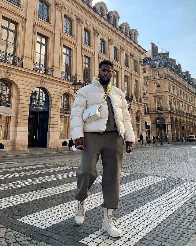 Urban Puffer: White Jacket Over Grey Loungewear Urban Puffer: White Jacket Over Grey Loungewear — Winter Outfits for Men
