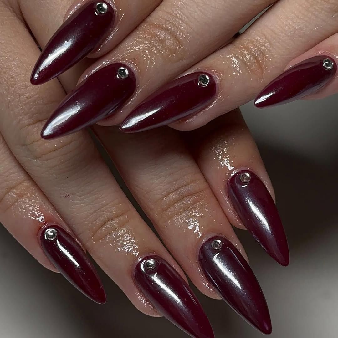 Minimalist Burgundy Stilettos with Studs Minimalist Burgundy Stilettos with Studs — Winter Red Nails