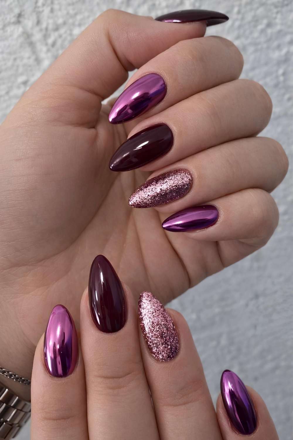 Burgundy Purple Chrome Glitter Almond Nails Burgundy Purple Chrome Glitter Almond Nails — Classy Winter Nails