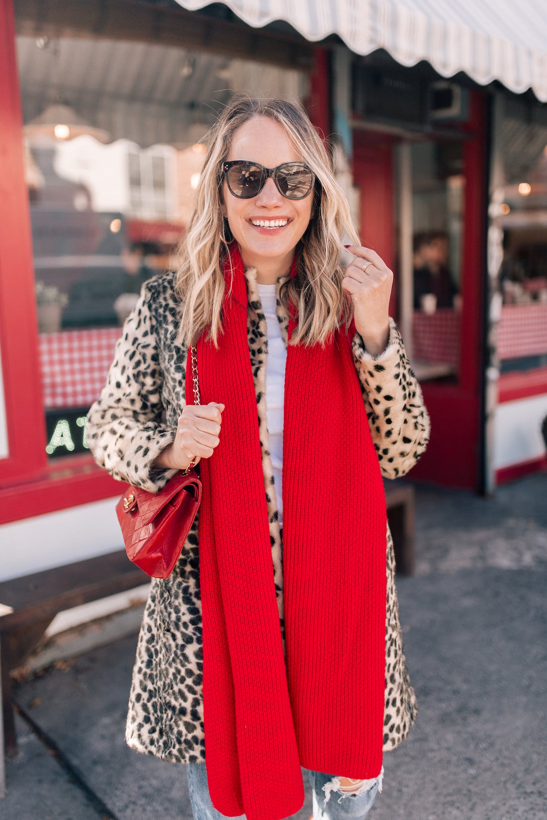 Leopard Coat with Red Scarf and Jeans Leopard Coat with Red Scarf and Jeans — Leopard Coat Outfits