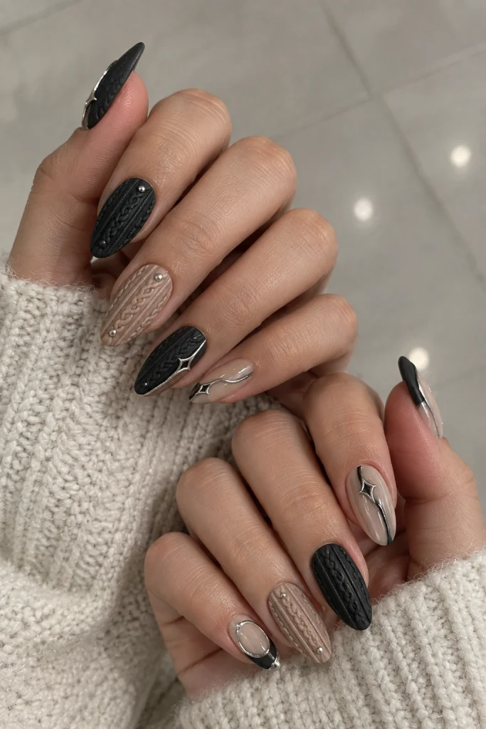 Beige & Black 3D Knit Swirls Beige & Black 3D Knit Swirls — Winter Nails