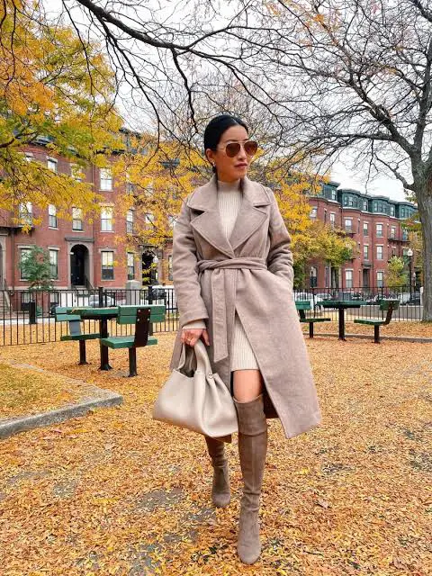 Beige Suede Long Coat with Knit Dress and Knee-High Boots — Long Coat Outfits