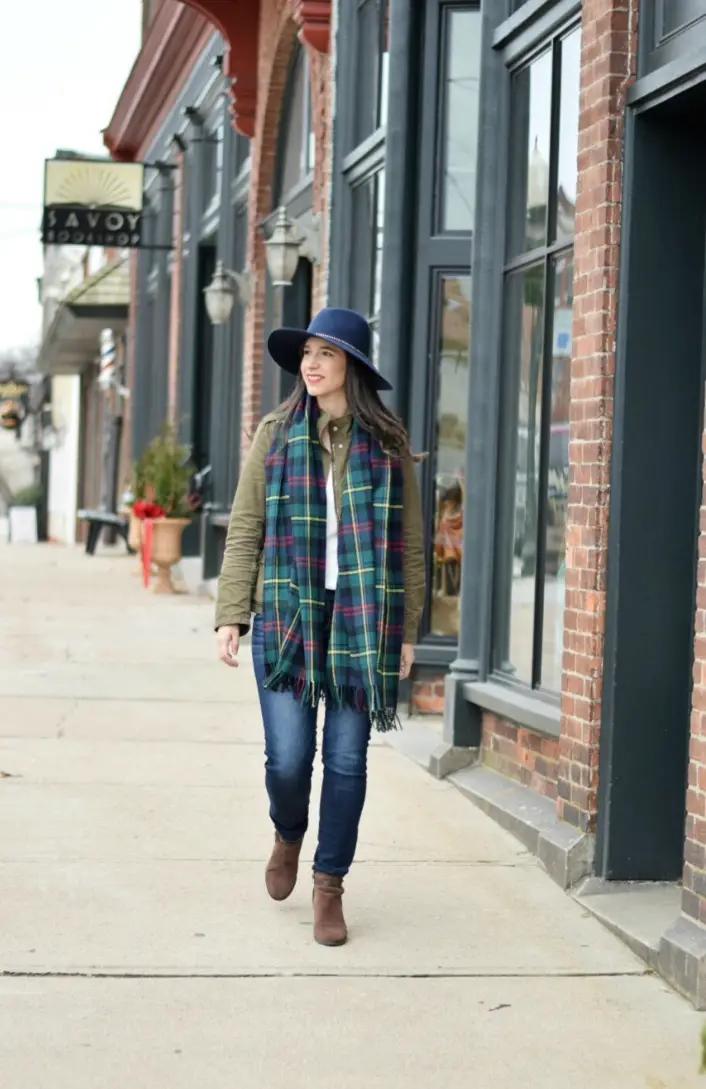 Green Jacket and Jeans with a Statement Plaid Scarf Green Jacket and Jeans with a Statement Plaid Scarf — Winter Teacher Outfits