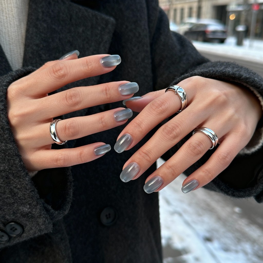 Sheer Smoky Grey Glossy Oval Nails Sheer Smoky Grey Glossy Oval Nails — Winter Gray Nails