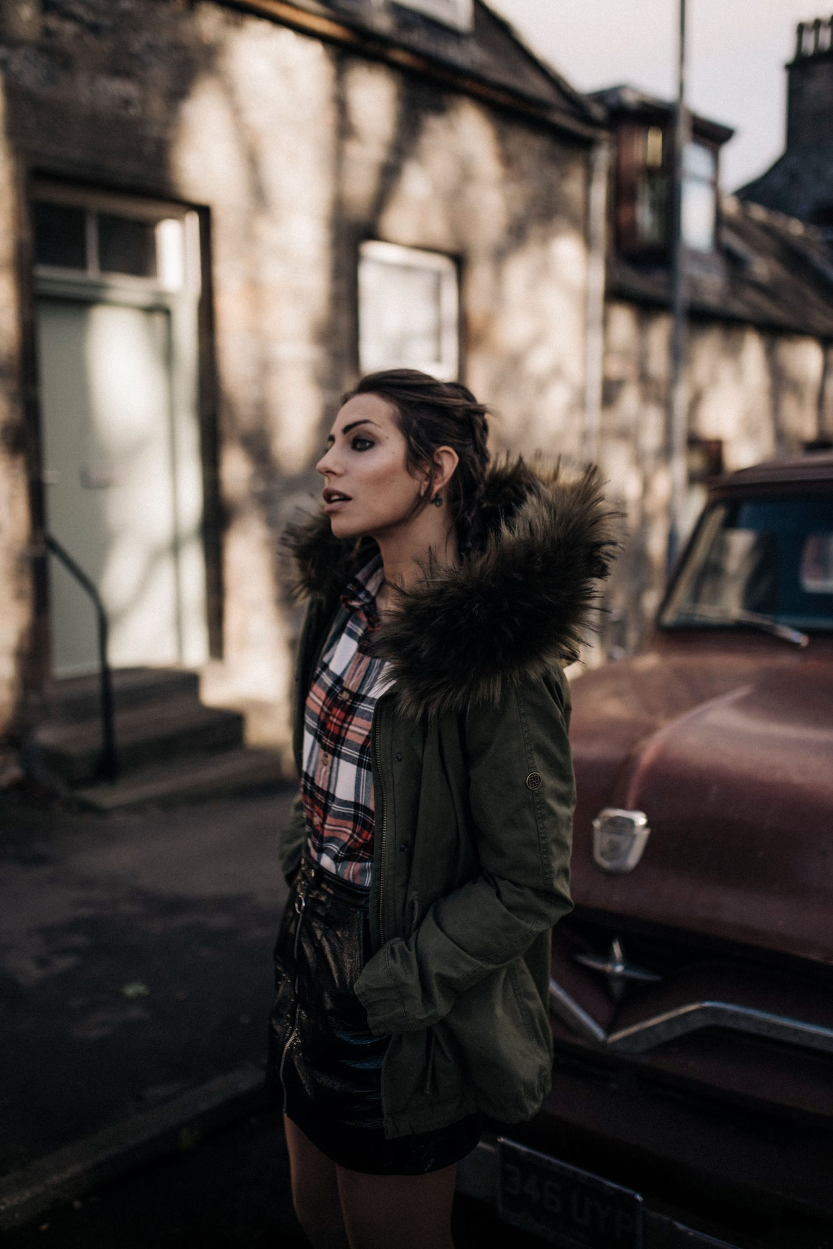 Olive Green Parka with Plaid Shirt and Leather Skirt Olive Green Parka with Plaid Shirt and Leather Skirt — Parka Outfits