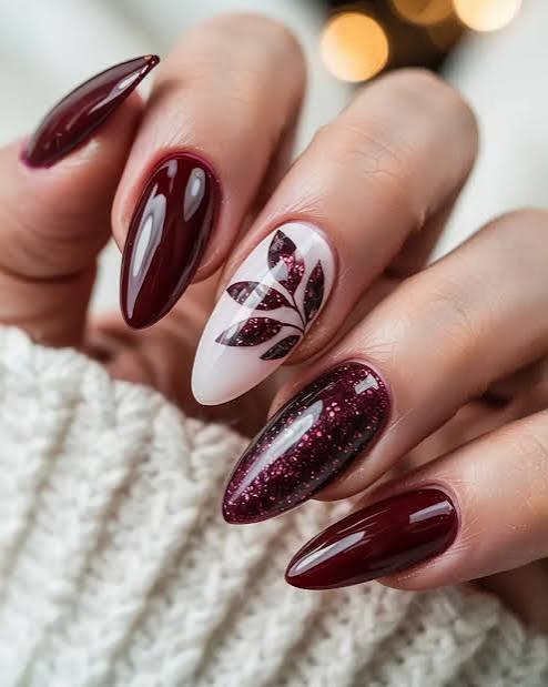 Burgundy Leaf Glitter Stilettos Burgundy Leaf Glitter Stilettos — Winter Nail Colors