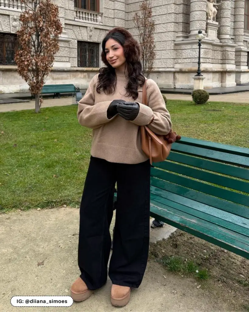 Brown Fuzzy Earmuffs with Wide-Leg Pants and Knit Sweater Brown Fuzzy Earmuffs with Wide-Leg Pants and Knit Sweater — Earmuffs Outfits