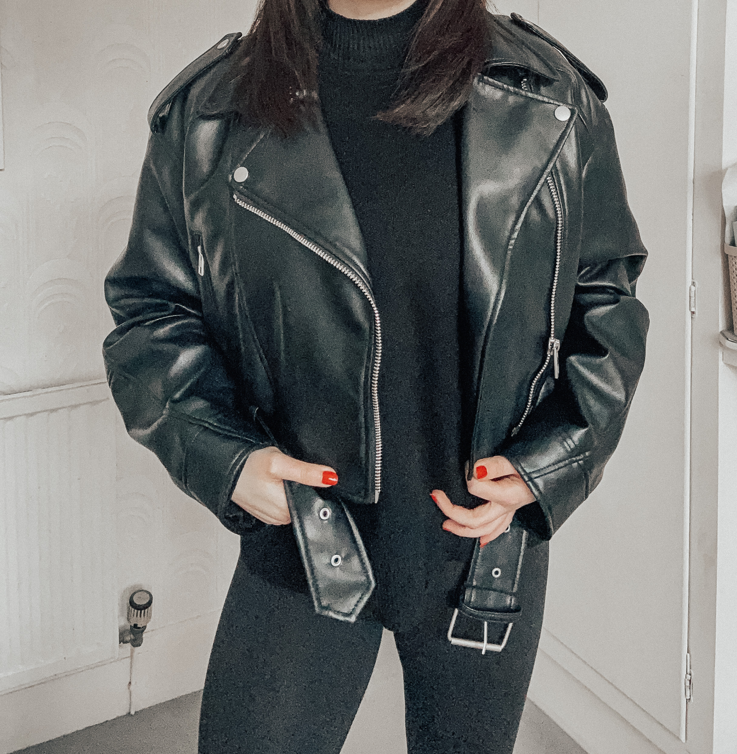 Quilted Puffer Jacket with Mini Skirt and Thigh-High Socks — All Black Winter Outfits