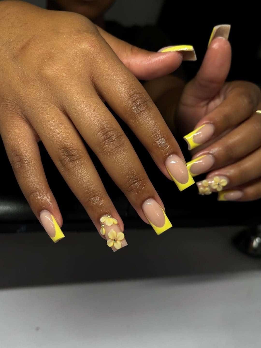 Long Square Yellow French with 3D Flowers Long Square Yellow French with 3D Flowers — Yellow Nail Designs
