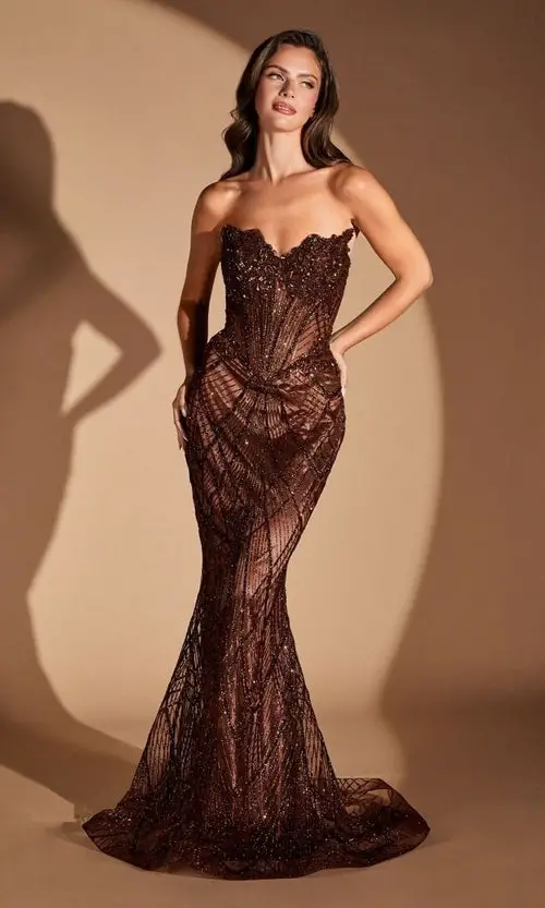 Deep Brown Strapless Sequined Mermaid Gown — Chocolate Brown Outfits