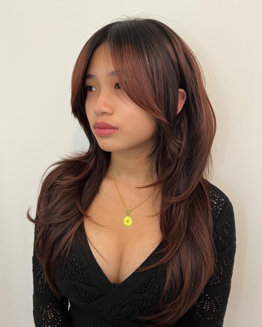 Voluminous Dark Brown Shag With Auburn Highlights — Winter Haircuts for Thin Hair
