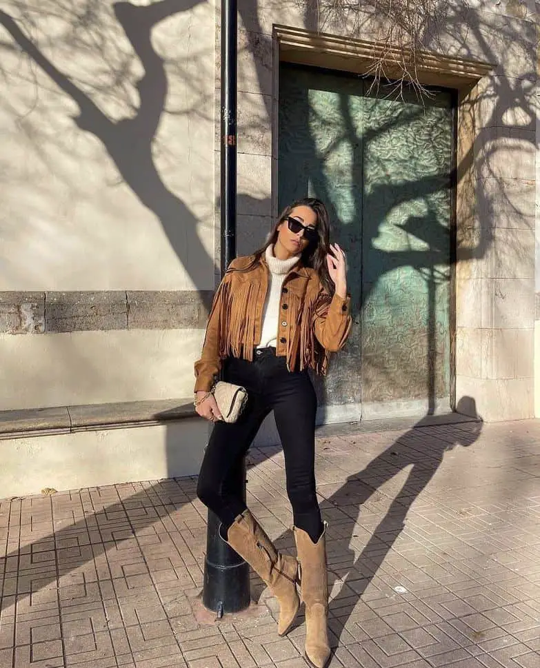 Suede Fringe Jacket and Cowboy Boots: Quintessential Western Winter Chic — Western Winter Outfits