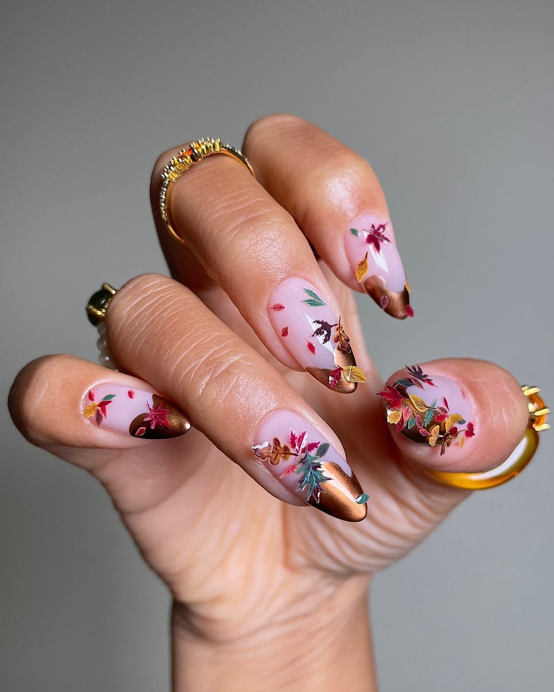 Fall Leaf Metallic Tip Almonds Fall Leaf Metallic Tip Almonds — Almond Nail Designs