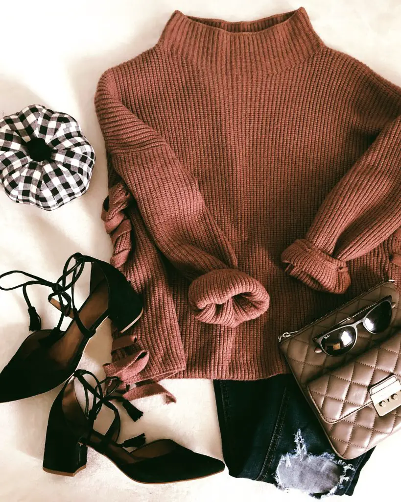 Edgy Details: Rust Ribbed Sweater with Lace-Up Heels Edgy Details: Rust Ribbed Sweater with Lace-Up Heels — Oversized Sweater Outfits