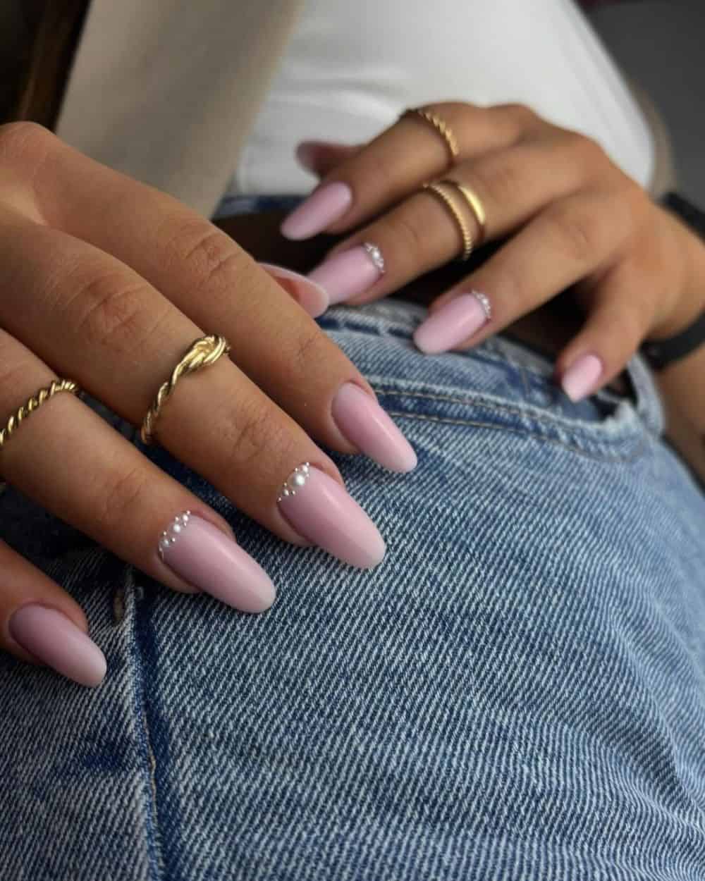 Cuticle Rhinestone Pink Almond Nails Cuticle Rhinestone Pink Almond Nails — Winter Pink Nails