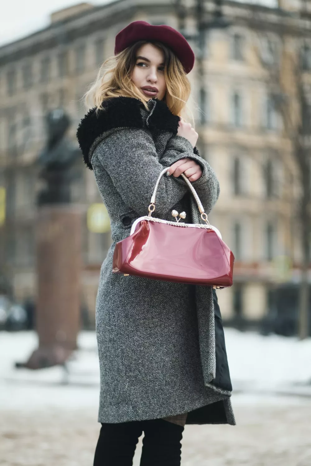 Elegant Outerwear: Grey Textured Coat with Burgundy Accents Elegant Outerwear: Grey Textured Coat with Burgundy Accents — Dressy Winter Outfits