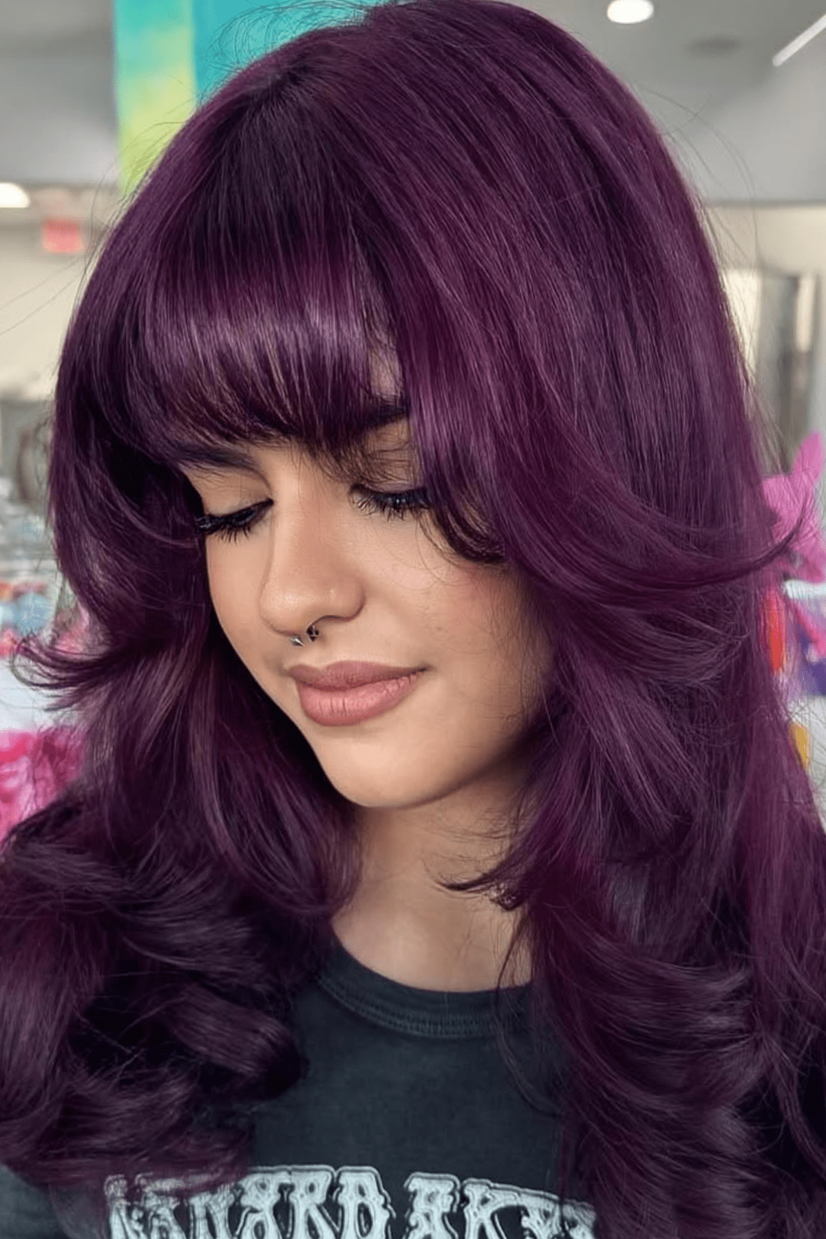 Deep Plum Lob With Full Bangs Deep Plum Lob With Full Bangs — Winter Hair Colors for Olive Skin