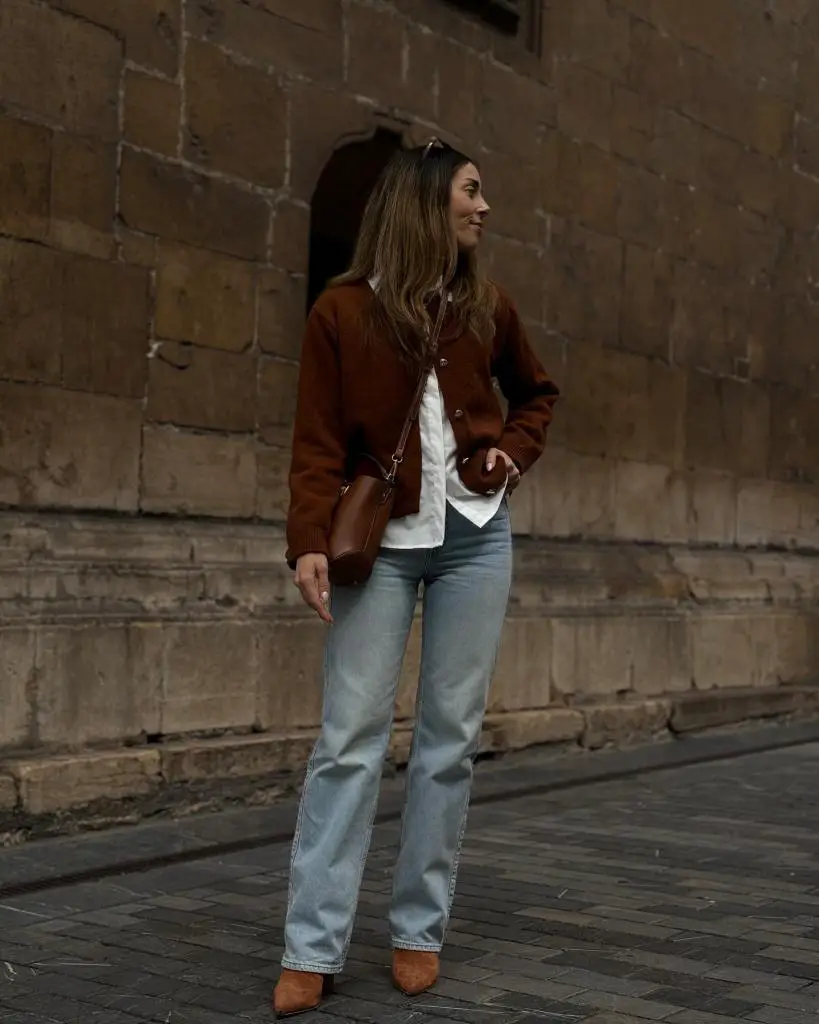 Brown Cardigan with White Shirt and Light Blue Jeans Brown Cardigan with White Shirt and Light Blue Jeans — Nashville Winter Outfits
