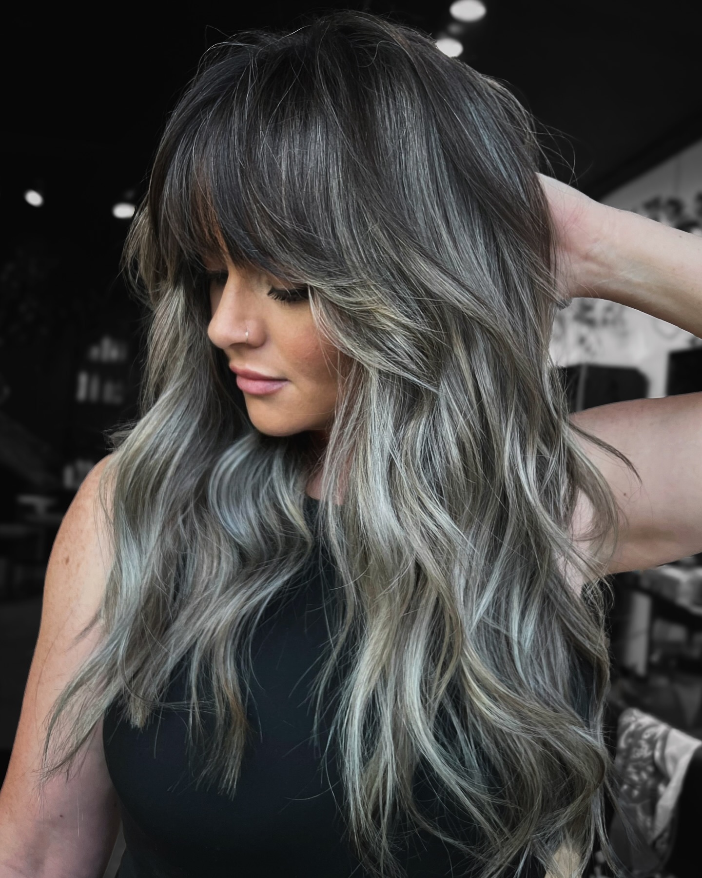 Layers Mid-Back Wavy Blowout With Gray and Ash Blonde Layers Mid-Back Wavy Blowout With Gray and Ash Blonde — Gray Blending Highlights
