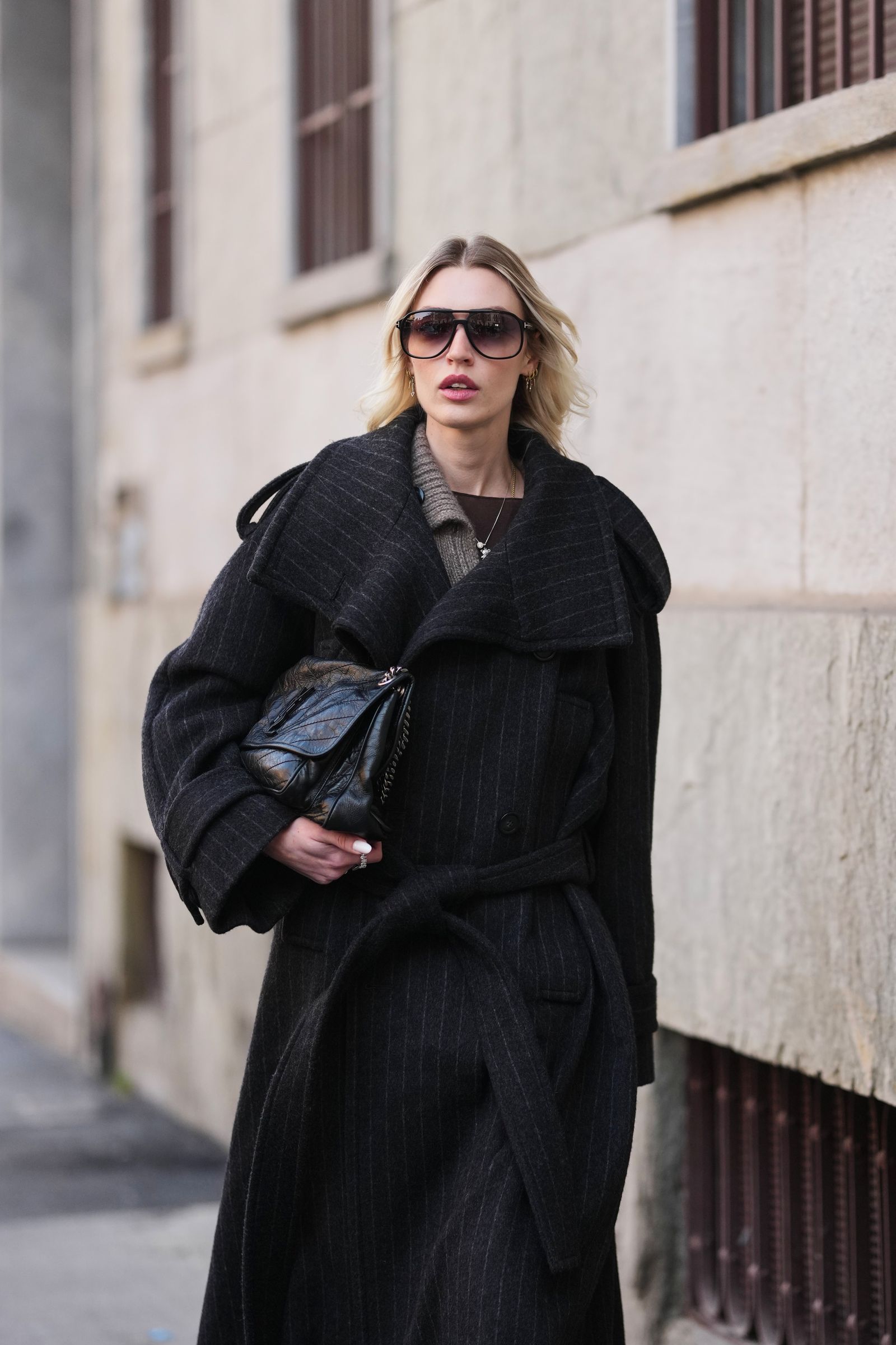 Grey Pinstripe Wool Coat with Brown Knit Top Grey Pinstripe Wool Coat with Brown Knit Top — Wool Coat Outfits