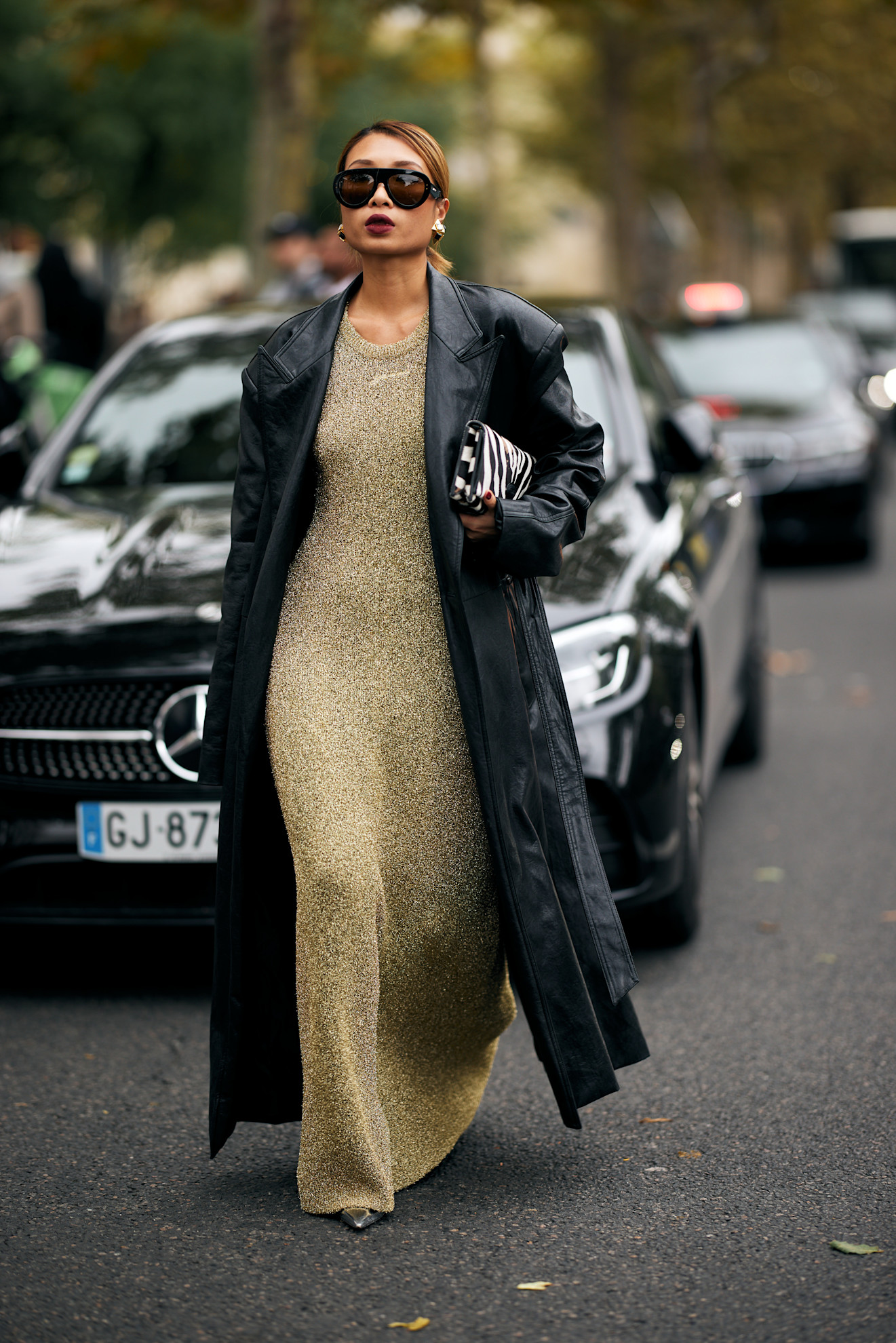 Leather Trench Meets Metallic Dress for a Glamorous Night Out — Winter Going Out Outfits