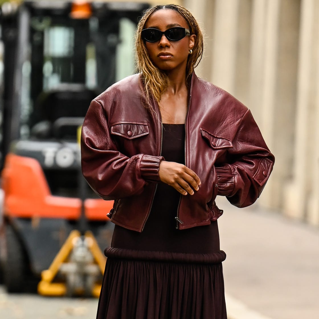 Edgy Burgundy Leather Bomber Jacket Over a Tiered Dress Edgy Burgundy Leather Bomber Jacket Over a Tiered Dress — Burgundy Outfits